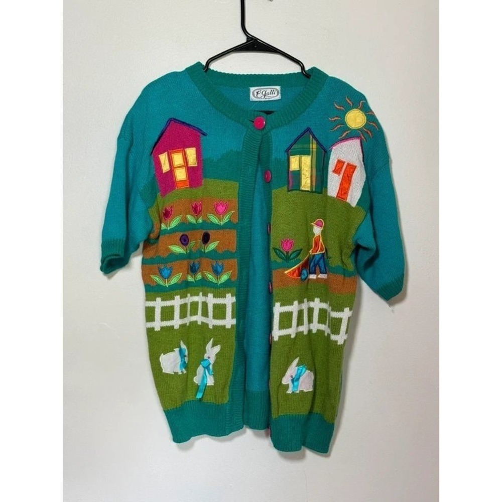 Vintage 90s P Galli Novelty Garden Bunny Scenic Short Sleeve Cardigan Sweater